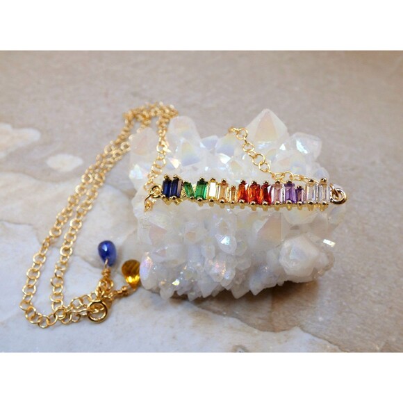 Rainbow Bar Baguette Necklace Gold Plated Citrine Kyanite PRIDE - Picture 1 of 6